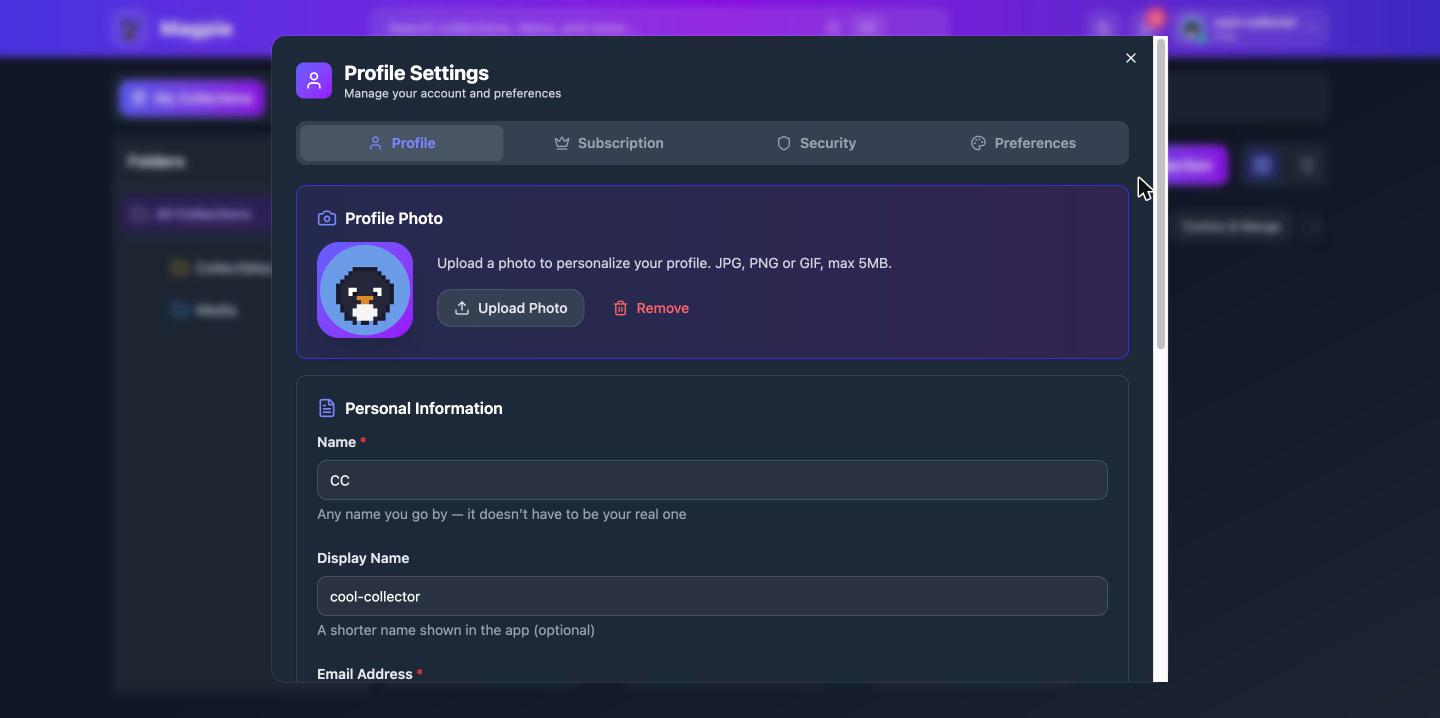 Profile settings with photo upload and personal information