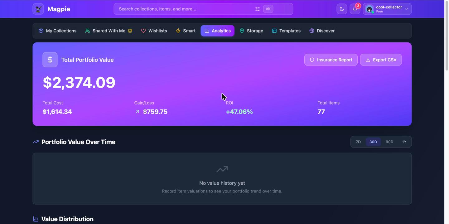 The Analytics dashboard's portfolio value summary