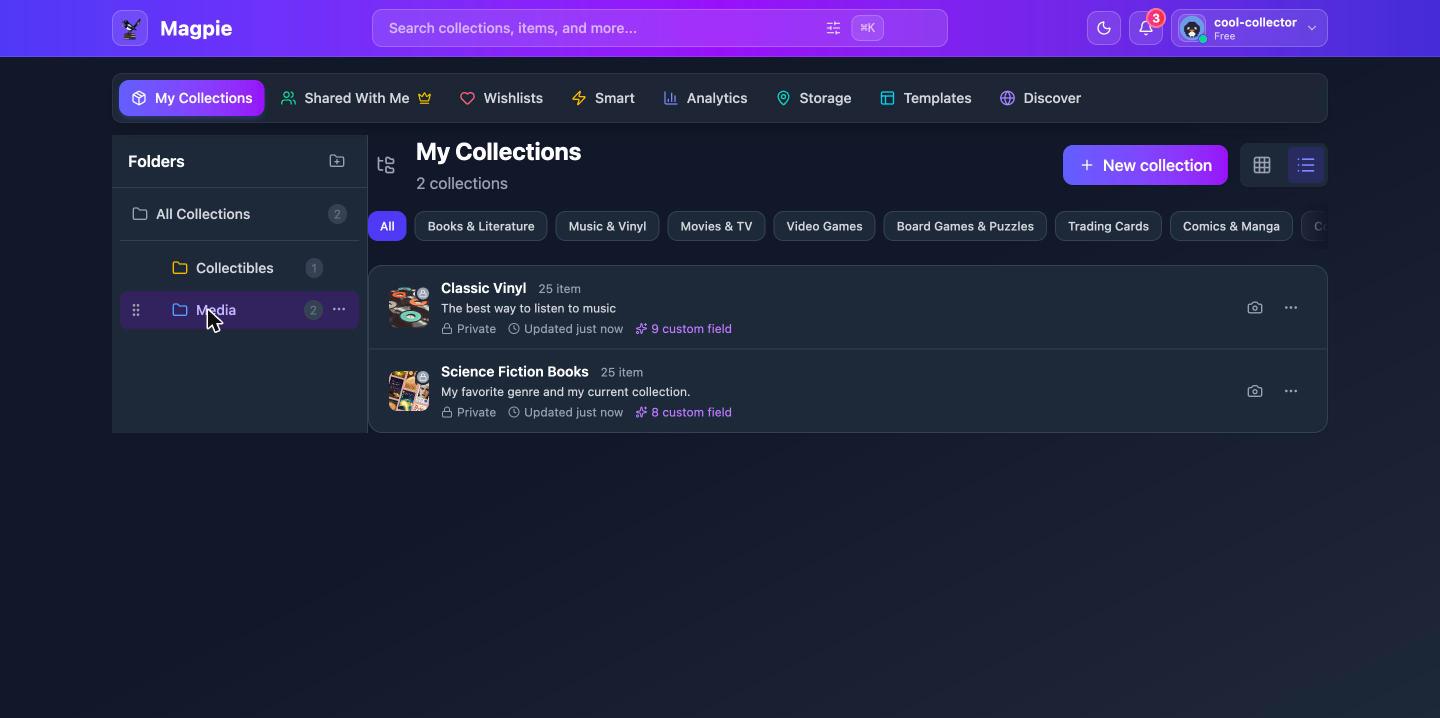 Selecting a folder filters the dashboard to its collections