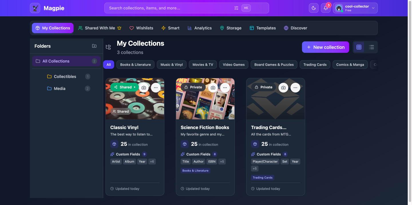 The Magpie dashboard showing collections in grid view with the folder sidebar