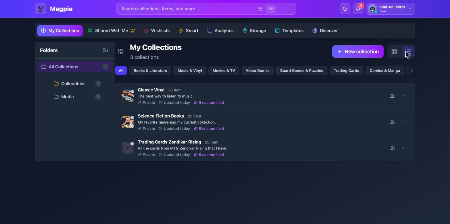 Collections shown in list view