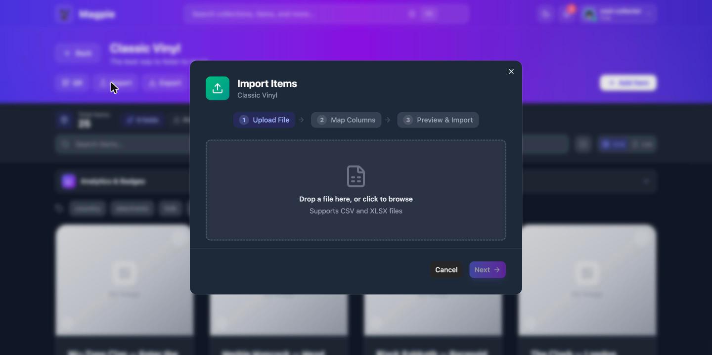 Step 1 of the import wizard: uploading a file