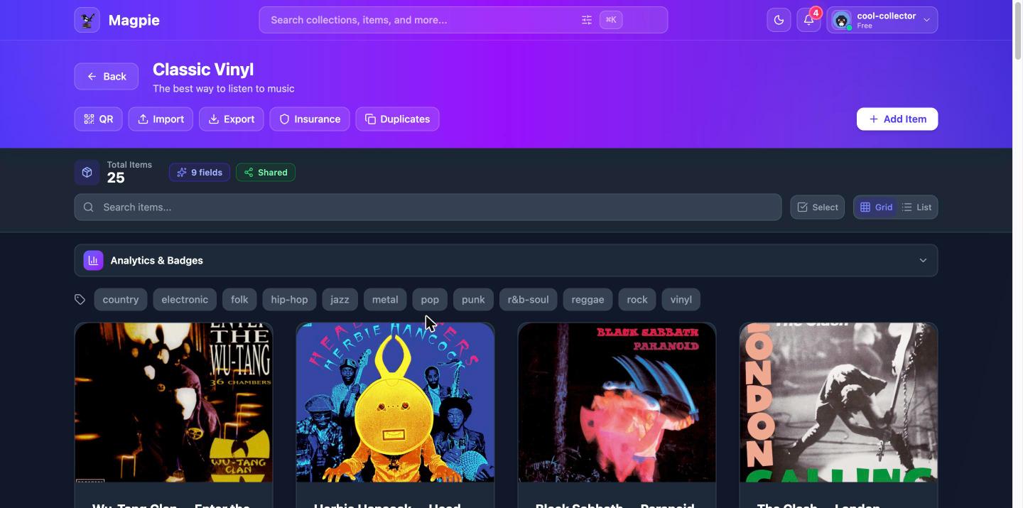 A collection's items with search, sorting, and view controls