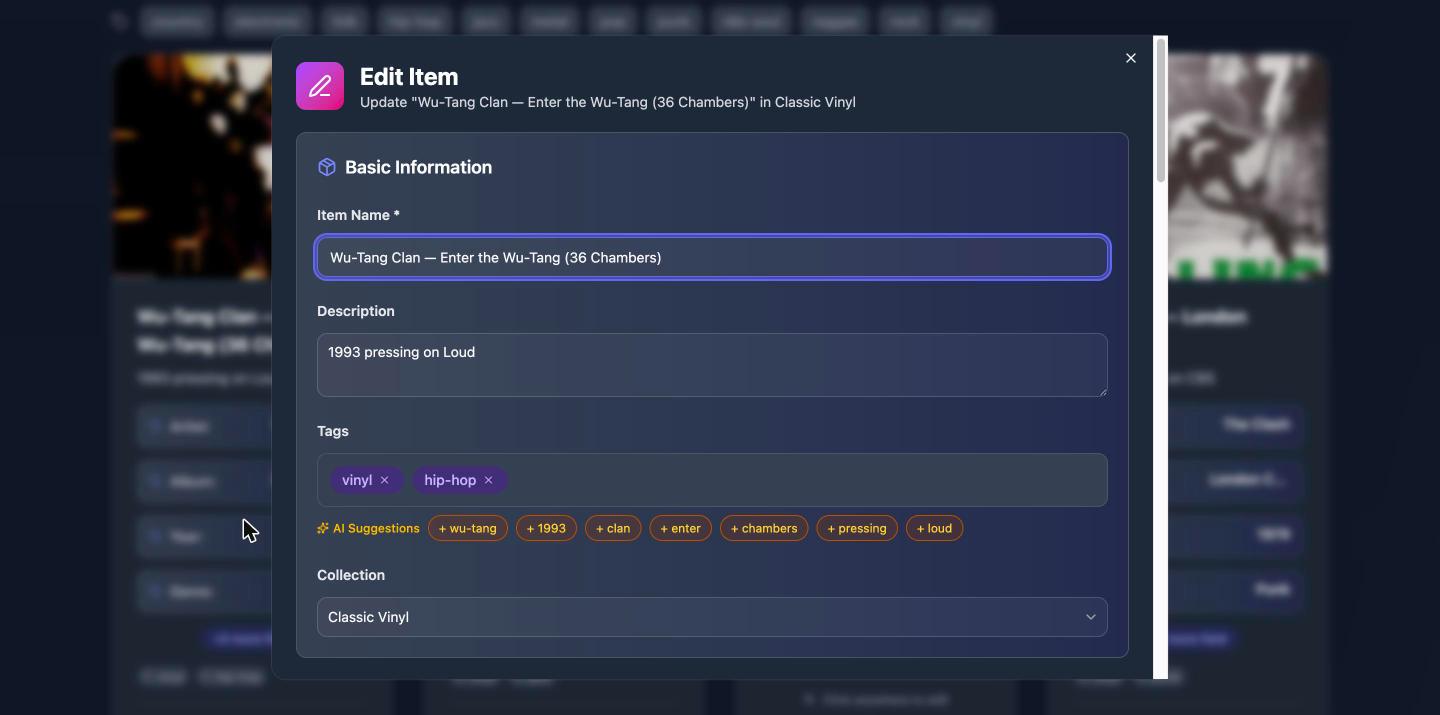 The item editor with tags and AI tag suggestions