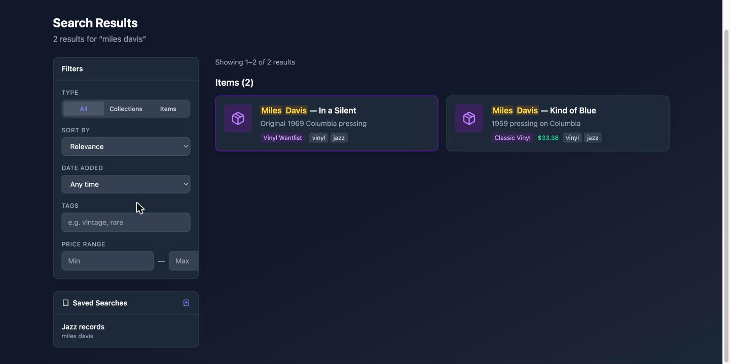 The search results page with filters and saved searches