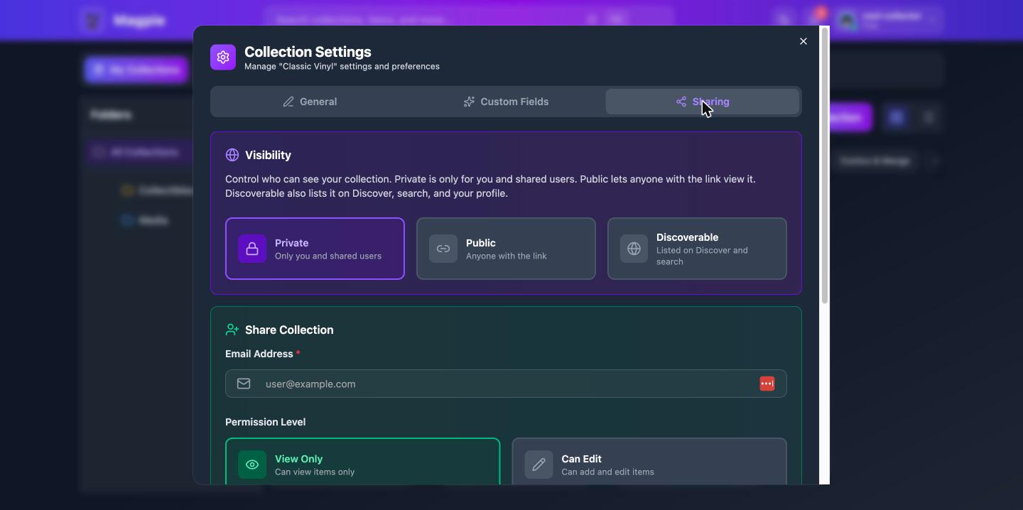 The Sharing tab: visibility options, share-by-email, and permission levels