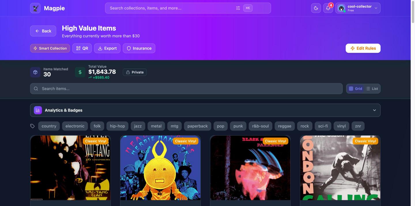 A smart collection showing matched items with their source collections